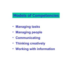 MModels Of Competencies Managing tasks Managing people Communicating Thinking creatively Working with information Models of Competencies 