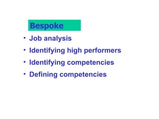 Bespoke Job analysis Identifying high performers Identifying competencies Defining competencies Bespoke 