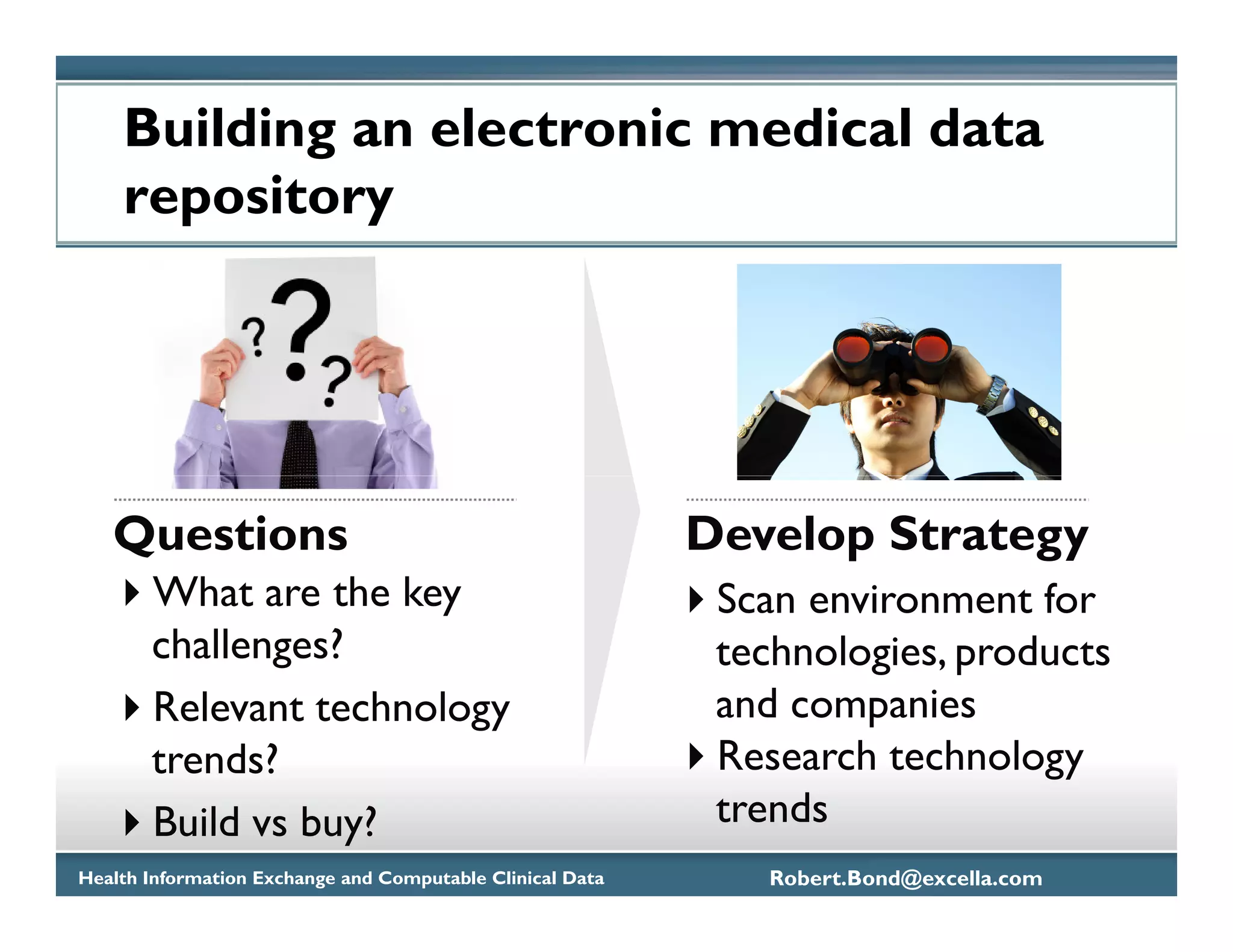 Building an electronic medical data
    repository




   Questions                                               Develop Strategy
       What are the key                                     Scan environment for
       challenges?                                          technologies, products
       Relevant technology                                  and companies
       trends?                                              Research technology
       Build vs buy?                                        trends
Health Information Exchange and Computable Clinical Data      Robert.Bond@excella.com
 