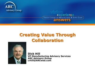 Creating Value Through
Collaboration
Dick Hill
VP Manufacturing Advisory Services
ARC Advisory Group
crhill@ARCweb.com
 