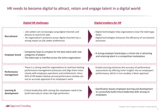 Copyright © 2015 Capgemini Consulting. All rights reserved.
HR needs to become digital to attract, retain and engage talent in a digital world
8
- Job seekers are increasingly using digital channels and
devices to search for jobs.
- An organization’s presence across digital channels has a
strong impact on job seeker preferences
- Crowd sourcing enhances the accuracy of performance
assessments by offering richer insights into an employee’s
performance, which in turn enables a fairer appraisal
- Digital technologies help organizations close the talent gap
faster
- Digital technologies enhances the efficiency of recruitment
processes
- There is a strong need for organizations to overhaul existing
performance management processes and align them more
closely with employee aspirations and entitlements. Since
45% of HR leaders believe annual performance reviews are
not an accurate appraisal of an employee’s work
- A strong employer brand plays a critical role in attracting
and retaining talent in a competitive marketplace
- Companies have to compete for the best talent with new
categories of players
- The talent war is manifest across the entire organization
- Critical leadership skills among the employees need to be
build internally to retain the high performers
- Gamification boosts employee learning and development
to successfully build critical leadership skills among its
employees
Digital HR challenges Digital enablers for HR
Recruitment
Employer brand
Performance
management
Learning &
development
 