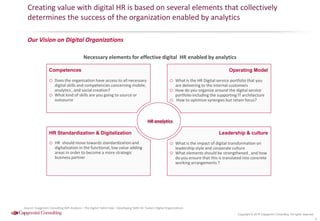 Copyright © 2015 Capgemini Consulting. All rights reserved.
Creating value with digital HR is based on several elements that collectively
determines the success of the organization enabled by analytics
9
Leadership & culture
o What is the impact of digital transformation on
leadership style and corporate culture
o What elements should be strengthened , and how
do you ensure that this is translated into concrete
working arrangements ?
Operating Model
o What is the HR Digital service portfolio that you
are delivering to the internal customers
o How do you organize around the digital service
portfolio including the supporting IT architecture
o How to optimize synergies but retain focus?
HR Standardization & Digitalization
o HR should move towards standardization and
digitalization in the functional, low value adding
areas in order to become a more strategic
business partner
Competences
o Does the organization have access to all necessary
digital skills and competencies concerning mobile,
analytics , and social creation?
o What kind of skills are you going to source or
outsource
Source: Capgemini Consulting-MIT Analysis – The Digital Talent Gap – Developing Skills for Today’s Digital Organizations
Our Vision on Digital Organizations
Necessary elements for effective digital HR enabled by analytics
HR analytics
 