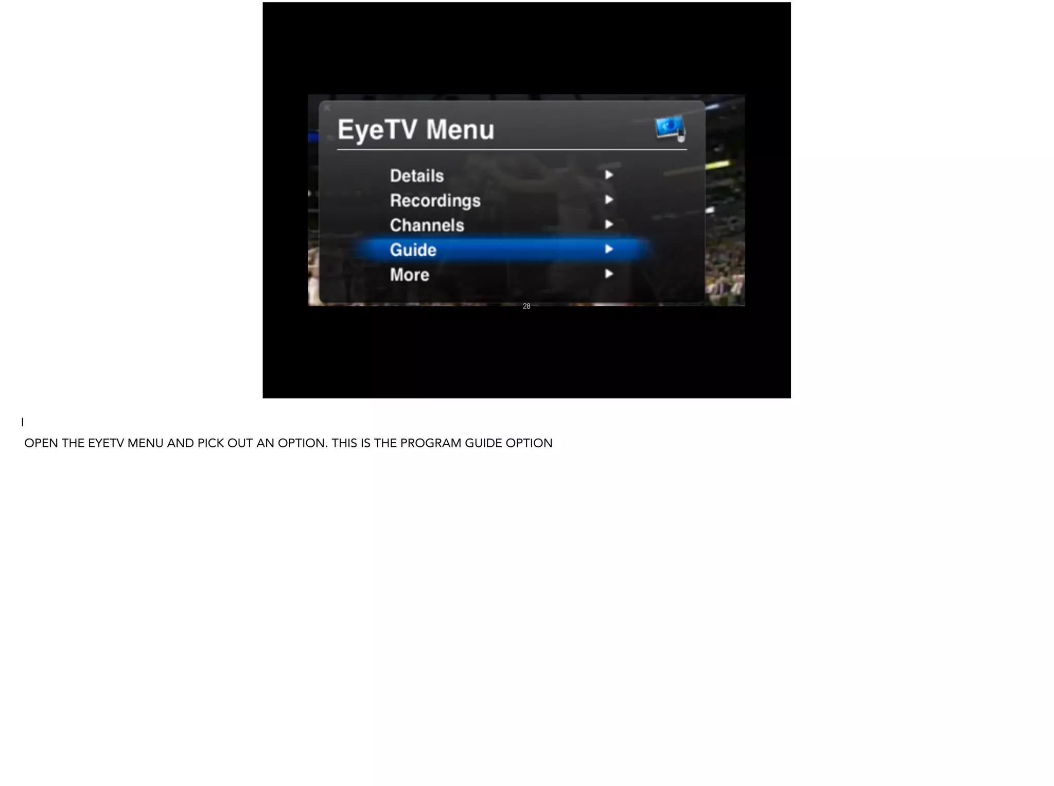 28
I
OPEN THE EYETV MENU AND PICK OUT AN OPTION. THIS IS THE PROGRAM GUIDE OPTION
 