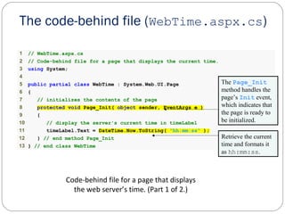 1 // WebTime.aspx.cs
2 // Code-behind file for a page that displays the current time.
3 using System;
4
5 public partial class WebTime : System.Web.UI.Page
6 {
7 // initializes the contents of the page
8 protected void Page_Init( object sender, EventArgs e )
9 {
10 // display the server's current time in timeLabel
11 timeLabel.Text = DateTime.Now.ToString( "hh:mm:ss" );
12 } // end method Page_Init
13 } // end class WebTime
The code-behind file (WebTime.aspx.cs)
Code-behind file for a page that displays
the web server’s time. (Part 1 of 2.)
The Page_Init
method handles the
page’s Init event,
which indicates that
the page is ready to
be initialized.
Retrieve the current
time and formats it
as hh:mm:ss.
 