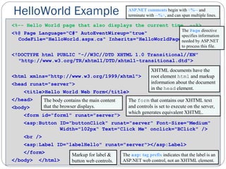 HelloWorld Example
<%-- Hello World page that also displays the current time. --%>
<%@ Page Language="C#" AutoEventWireup="true"
CodeFile="HelloWorld.aspx.cs" Inherits="HelloWorldPage" %>
<!DOCTYPE html PUBLIC "-//W3C//DTD XHTML 1.0 Transitional//EN"
"http://www.w3.org/TR/xhtml1/DTD/xhtml1-transitional.dtd">
<html xmlns="http://www.w3.org/1999/xhtml">
<head runat="server">
<title>Hello World Web Form</title>
</head>
<body>
<form id="form1" runat="server">
<asp:Button ID="buttonClick" runat="server" Font-Size="Medium"
Width="102px“ Text="Click Me" onclick="BClick" />
<br />
<asp:Label ID="labelHello" runat="server"></asp:Label>
</form>
</body> </html>
ASP.NET comments begin with <%-- and
terminate with --%>, and can span multiple lines.
The Page directive
specifies information
needed by ASP.NET
to process this file.
XHTML documents have the
root element html and markup
information about the document
in the head element.
The body contains the main content
that the browser displays.
The form that contains our XHTML text
and controls is set to execute on the server,
which generates equivalent XHTML.
Markup for label &
button web controls.
The asp: tag prefix indicates that the label is an
ASP.NET web control, not an XHTML element.
 
