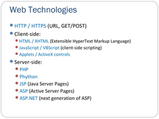 Web Technologies
HTTP / HTTPS (URL, GET/POST)
Client-side:
HTML / XHTML (Extensible HyperText Markup Language)
JavaScript / VBScript (client-side scripting)
Applets / ActiveX controls
Server-side:
PHP
Phython
JSP (Java Server Pages)
ASP (Active Server Pages)
ASP.NET (next generation of ASP)
 