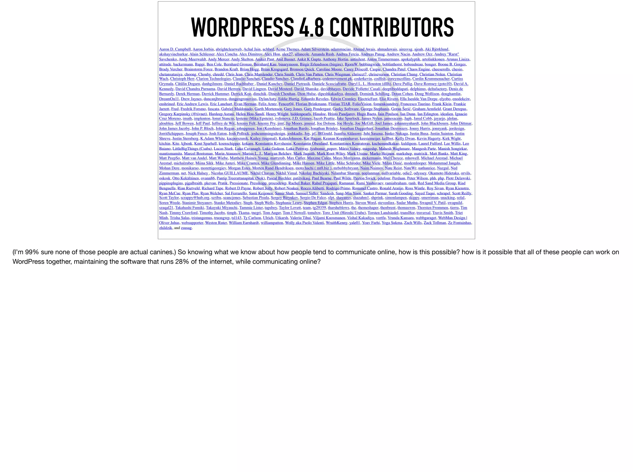 Aaron D. Campbell, Aaron Jorbin, abrightclearweb, Achal Jain, achbed, Acme Themes, Adam Silverstein, adammacias, Ahmad Awais, ahmadawais, airesvsg, ajoah, Aki Björklund,
akshayvinchurkar, Alain Schlesser, Alex Concha, Alex Dimitrov, Alex Hon, alex27, allancole, Amanda Rush, Andrea Fercia, Andreas Panag, Andrew Nacin, Andrew Ozz, Andrey "Rarst"
Savchenko, Andy Meerwaldt, Andy Mercer, Andy Skelton, Aniket Pant, Anil Basnet, Ankit K Gupta, Anthony Hortin, antisilent, Anton Timmermans, apokalyptik, artoliukkonen, Arunas Liuiza,
attitude, backermann, Bappi, Ben Cole, Bernhard Gronau, Bernhard Kau, binarymoon, Birgir Erlendsson (birgire), BjornW, bobbingwide, boblinthorst, boboudreau, bonger, Boone B. Gorges,
Brady Vercher, Brainstorm Force, Brandon Kraft, Brian Hogg, Brian Krogsgard, Bronson Quick, Caroline Moore, Casey Driscoll, Caspie, Chandra Patel, Chaos Engine, cheeserolls, chesio,
chetansatasiya, choong, Chouby, chredd, Chris Jean, Chris Marslender, Chris Smith, Chris Van Patten, Chris Wiegman, chriscct7, chriseverson, Christian Chung, Christian Nolen, Christian
Wach, Christoph Herr, Clarion Technologies, Claudio Sanches, Claudio Sanches, ClaudioLaBarbera, codemovement.pk, coderkevin, codﬁsh, coreymcollins, Curdin Krummenacher, Curtiss
Grymala, Cătălin Dogaru, danhgilmore, Daniel Bachhuber , Daniel Kanchev, Daniel Pietrasik, Daniele Scasciafratte, Daryl L. L. Houston (dllh), Dave Pullig, Dave Romsey (goto10), David A.
Kennedy, David Chandra Purnama, David Herrera, David Lingren, David Mosterd, David Shanske, davidbhayes, Davide 'Folletto' Casali, deeptiboddapati, delphinus, deltafactory, Denis de
Bernardy, Derek Herman, Derrick Hammer, Derrick Koo, dimchik, Dinesh Chouhan, Dion Hulse, dipeshkakadiya, dmsnell, Dominik Schilling, Dotan Cohen, Doug Wollison, doughamlin,
DreamOn11, Drew Jaynes, duncanjbrown, dungengronovius, DylanAuty, Eddie Hurtig, Eduardo Reveles, Edwin Cromley, ElectricFeet, Elio Rivero, Ella Iseulde Van Dorpe, elyobo, enodekciw,
enshrined, Eric Andrew Lewis, Eric Lanehart, Evan Herman, Felix Arntz, Fencer04, Florian Brinkmann, Florian TIAR, FolioVision, fomenkoandrey, Francesco Taurino, Frank Klein, Frankie
Jarrett, Fred, Fredrik Forsmo, fuscata, Gabriel Maldonado, Garth Mortensen, Gary Jones, Gary Pendergast, Geeky Software, George Stephanis, Goran Šerić, Graham Armﬁeld, Grant Derepas,
Gregory Karpinsky (@tivnet), Hardeep Asrani, Helen Hou-Sandí, Henry Wright, hiddenpearls, Hinaloe, Hristo Pandjarov, Hugo Baeta, Iain Poulson, Ian Dunn, Ian Edington, idealien, Ignacio
Cruz Moreno, imath, implenton, Ionut Stanciu, Ipstenu (Mika Epstein), ivdimova, J.D. Grimes, Jacob Peattie, Jake Spurlock, James Nylen, jamesacero, Japh, Jared Cobb, jayarjo, jdolan,
jdoubleu, Jeff Bowen, Jeff Paul, Jeffrey de Wit, Jeremy Felt, Jeremy Pry, jimt, Jip Moors, jmusal, Joe Dolson, Joe Hoyle, Joe McGill, Joel James, johanmynhardt, John Blackbourn, John Dittmar,
John James Jacoby, John P. Bloch, John Regan, johnpgreen, Jon (Kenshino), Jonathan Bardo, Jonathan Brinley, Jonathan Daggerhart, Jonathan Desrosiers, Jonny Harris, jonnyauk, jordesign,
JorritSchippers, Joseph Fusco, Josh Eaton, Josh Pollock, joshcummingsdesign, joshkadis, Joy, jrf, JRGould, Juanfra Aldasoro, Juhi Saxena, Junko Nukaga, Justin Busa, Justin Sainton, Justin
Shreve, Justin Sternberg, K.Adam White, kacperszurek, Kailey (trepmal), KalenJohnson, Kat Hagan, Keanan Koppenhaver, keesiemeijer, kellbot, Kelly Dwan, Kevin Hagerty, Kirk Wight,
kitchin, Kite, kjbenk, Knut Sparhell, koenschipper, kokarn, Konstantin Kovshenin, Konstantin Obenland, Konstantinos Kouratoras, kuchenundkakao, kuldipem, Laurel Fulford, Lee Willis, Leo
Baiano, LittleBigThings (Csaba), Lucas Stark, Luke Cavanagh, Luke Gedeon, Luke Pettway, lyubomir_popov, Mário Valney, mageshp, Mahesh Waghmare, Mangesh Parte, Manish Songirkar,
mantismamita, Marcel Bootsman, Marin Atanasov, Marius L. J., Mariyan Belchev, Mark Jaquith, Mark Root-Wiley, Mark Uraine, Marko Heijnen, markshep, matrixik, Matt Banks, Matt King,
Matt PeepSo, Matt van Andel, Matt Wiebe, Matthew Haines-Young, mattyrob, Max Cutler, Maxime Culea, Mayo Moriyama, mckernanin, Mel Choyce, mhowell, Michael Arestad, Michael
Arestad, michalzuber, Miina Sikk, Mike Auteri, Mike Crantea, Mike Glendinning, Mike Hansen, Mike Little, Mike Schroder, Mike Viele, Milan Dinić, modemlooper, Mohammad Jangda,
Mohan Dere, monikarao, morettigeorgiev, Morgan Estes, Morten Rand-Hendriksen, moto hachi ( mt8.biz ), mrbobbybryant, Naim Naimov, Nate Reist, NateWr, nathanrice, Nazgul, Ned
Zimmerman, net, Nick Halsey , Nicolas GUILLAUME, Nikhil Chavan, Nikhil Vimal, Nikolay Bachiyski, Nilambar Sharma, noplanman, nullvariable, odie2, odyssey, Okamoto Hidetaka, orvils,
oskosk, Otto Kekäläinen, ovann86, Pantip Treerattanapitak (Nok), Pascal Birchler, patilvikasj, Paul Bearne, Paul Wilde, Payton Swick, pdufour, Perdaan, Peter Wilson, phh, php, Piotr Delawski,
pippinsplugins, pjgalbraith, pkevan, Pratik, Pressionate, Presskopp, procodewp, Rachel Baker, Rahul Prajapati, Ramanan, Rami Yushuvaev, ramiabraham, ranh, Red Sand Media Group, Riad
Benguella, Rian Rietveld, Richard Tape, Robert D Payne, Robert Jolly, Robert Noakes, Rocco Aliberti, Rodrigo Primo, Rommel Castro, Ronald Araújo, Ross Wintle, Roy Sivan, Ryan Kienstra,
Ryan McCue, Ryan Plas, Ryan Welcher, Sal Ferrarello, Sami Keijonen, Samir Shah, Samuel Sidler, Sandesh, Sang-Min Yoon, Sanket Parmar, Sarah Gooding, Sayed Taqui, schrapel, Scott Reilly,
Scott Taylor, scrappy@hub.org, scribu, seancjones, Sebastian Pisula, Sergey Biryukov, Sergio De Falco, sfpt, shayanys, shazahm1, shprink, simonlampen, skippy, smerriman, snacking, solal,
Soren Wrede, Stanimir Stoyanov, Stanko Metodiev, Steph, Steph Wells, Stephanie Leary, Stephen Edgar, Stephen Harris, Steven Word, stevenlinx, Sudar Muthu, Swapnil V. Patil, swapnild,
szaqal21, Takahashi Fumiki, Takayuki Miyauchi, Tammie Lister, tapsboy, Taylor Lovett, team, tg29359, tharsheblows, the, themeshaper, thenbrent, thomaswm, Thorsten Frommen, tierra, Tim
Nash, Timmy Crawford, Timothy Jacobs, timph, Tkama, tnegri, Tom Auger, Tom J Nowell, tomdxw, Toro_Unit (Hiroshi Urabe), Torsten Landsiedel, transl8or, traversal, Travis Smith, Triet
Minh, Trisha Salas, tristangemus, truongwp, tsl143, Ty Carlson, Ulrich, Utkarsh, Valeriu Tihai, Viljami Kuosmanen, Vishal Kakadiya, vortfu, Vrunda Kansara, webbgaraget, WebMan Design |
Oliver Juhas, websupporter, Weston Ruter, William Earnhardt, williampatton, Wolly aka Paolo Valenti, WraithKenny, yale01, Yoav Farhi, Yoga Sukma, Zach Wills, Zack Tollman, Ze Fontainhas,
zhildzik, and zsusag.
WORDPRESS 4.8 CONTRIBUTORS
(I’m 99% sure none of those people are actual canines.) So knowing what we know about how people tend to communicate online, how is this possible? how is it possible that all of these people can work on
WordPress together, maintaining the software that runs 28% of the internet, while communicating online?

 