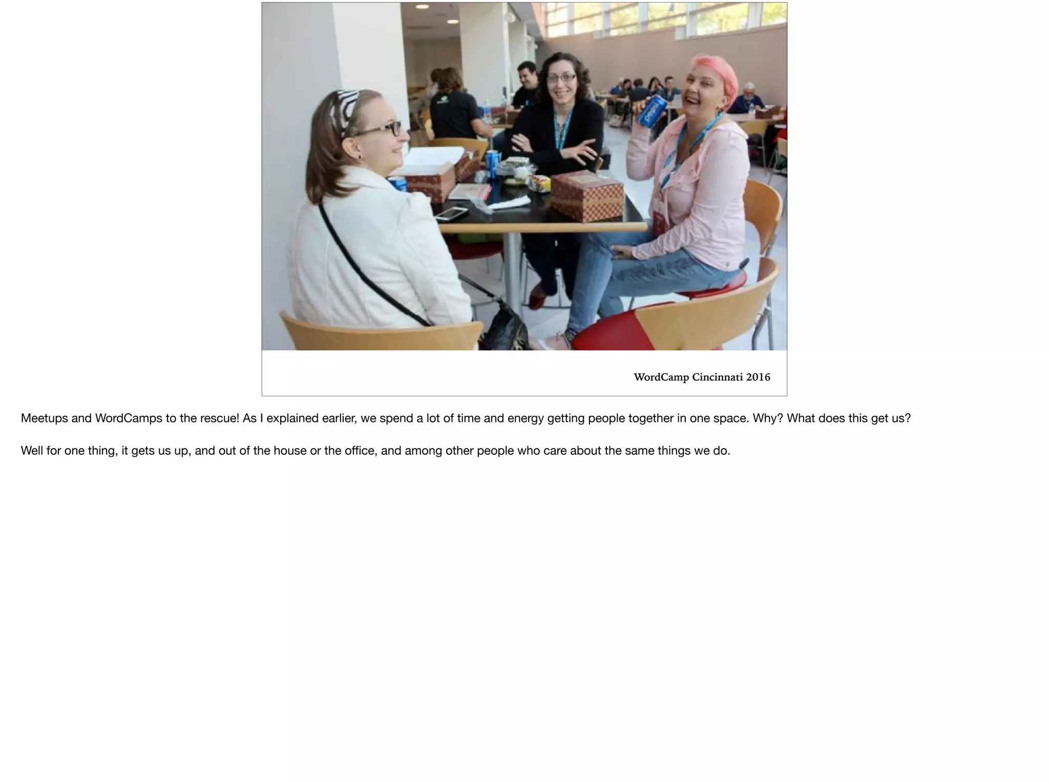 WordCamp Cincinnati 2016
Meetups and WordCamps to the rescue! As I explained earlier, we spend a lot of time and energy getting people together in one space. Why? What does this get us?

Well for one thing, it gets us up, and out of the house or the oﬃce, and among other people who care about the same things we do.
 