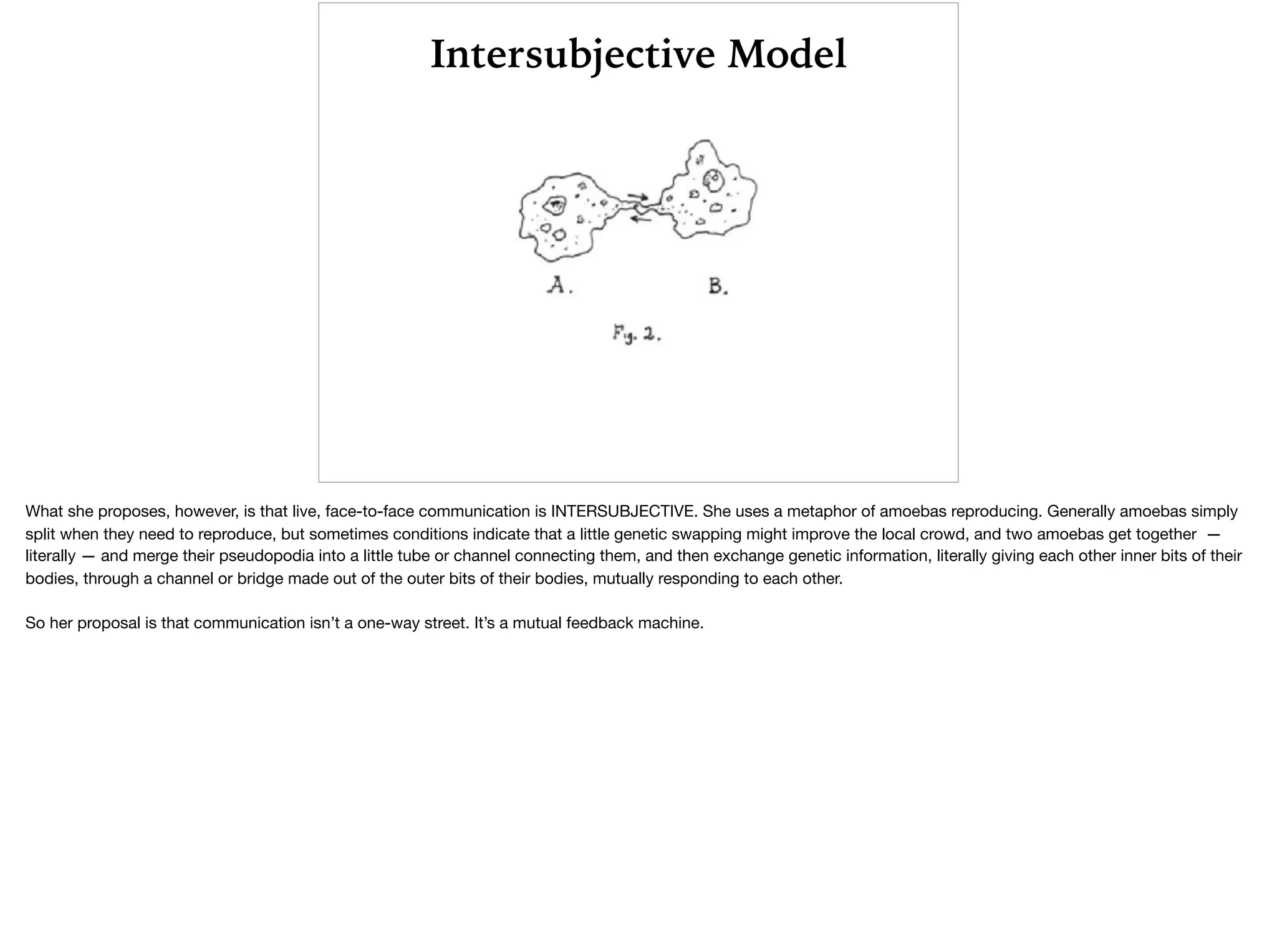 Intersubjective Model
What she proposes, however, is that live, face-to-face communication is INTERSUBJECTIVE. She uses a metaphor of amoebas reproducing. Generally amoebas simply
split when they need to reproduce, but sometimes conditions indicate that a little genetic swapping might improve the local crowd, and two amoebas get together —
literally — and merge their pseudopodia into a little tube or channel connecting them, and then exchange genetic information, literally giving each other inner bits of their
bodies, through a channel or bridge made out of the outer bits of their bodies, mutually responding to each other. 

So her proposal is that communication isn’t a one-way street. It’s a mutual feedback machine.
 
