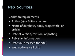 Basic Entry Formats: Work from an anthology or collectionLast name, First name. “Title of Work,” Title of Collection or Anthology.  Ed - Editor’s names. Place of Publication: Publisher, Year.  PagesEhrenreich, Barbara. “Spudding Out,” Common Culture: Reading and Writing about American Popular Culture, 5th ed.  Ed. Michael Petracca and Madeline Sorapure. Upper Saddle River: Prentice Hall, 2007. 146-49.