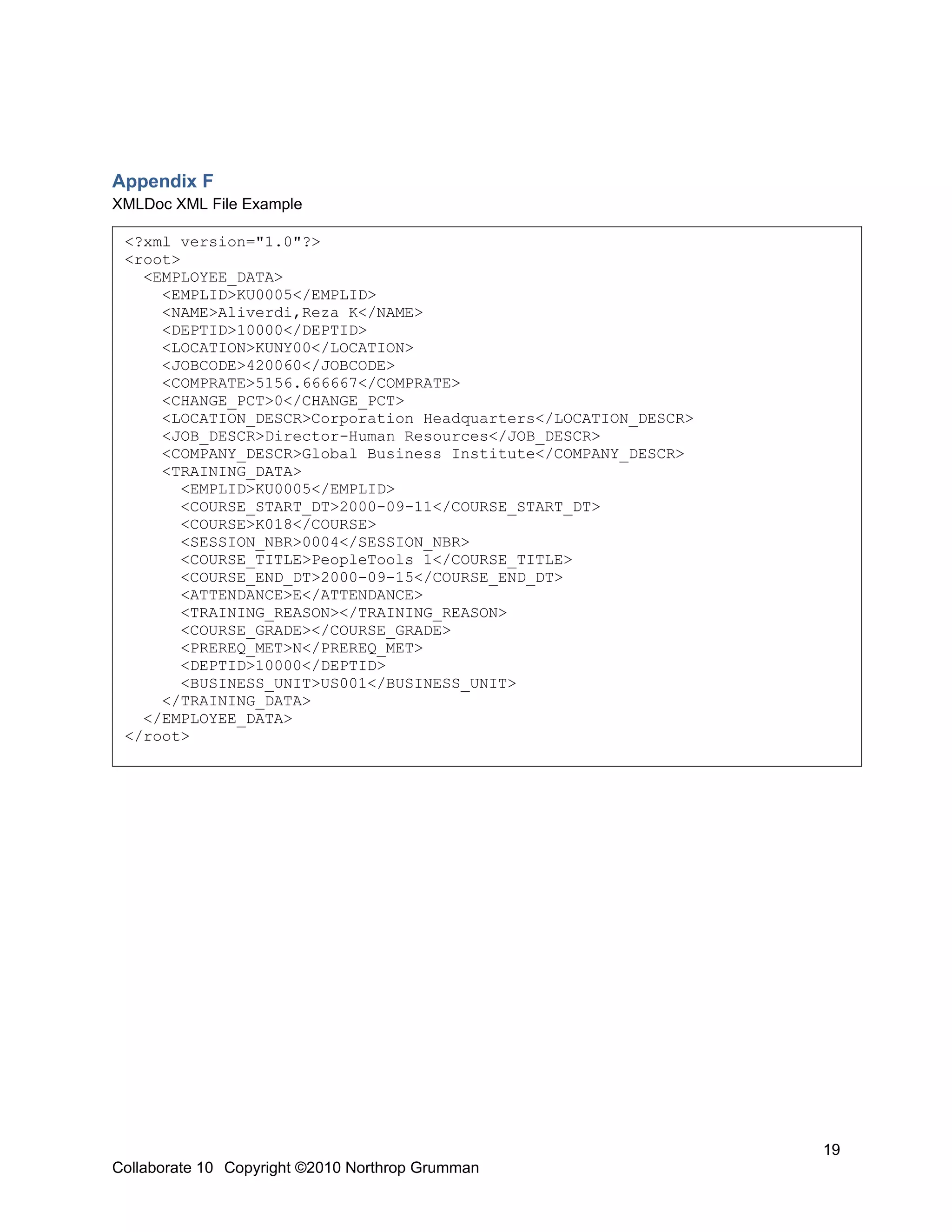 Appendix F
XMLDoc XML File Example

 <?xml version="1.0"?>
 <root>
   <EMPLOYEE_DATA>
     <EMPLID>KU0005</EMPLID>
     <NAME>Aliverdi,Reza K</NAME>
     <DEPTID>10000</DEPTID>
     <LOCATION>KUNY00</LOCATION>
     <JOBCODE>420060</JOBCODE>
     <COMPRATE>5156.666667</COMPRATE>
     <CHANGE_PCT>0</CHANGE_PCT>
     <LOCATION_DESCR>Corporation Headquarters</LOCATION_DESCR>
     <JOB_DESCR>Director-Human Resources</JOB_DESCR>
     <COMPANY_DESCR>Global Business Institute</COMPANY_DESCR>
     <TRAINING_DATA>
        <EMPLID>KU0005</EMPLID>
        <COURSE_START_DT>2000-09-11</COURSE_START_DT>
        <COURSE>K018</COURSE>
        <SESSION_NBR>0004</SESSION_NBR>
        <COURSE_TITLE>PeopleTools 1</COURSE_TITLE>
        <COURSE_END_DT>2000-09-15</COURSE_END_DT>
        <ATTENDANCE>E</ATTENDANCE>
        <TRAINING_REASON></TRAINING_REASON>
        <COURSE_GRADE></COURSE_GRADE>
        <PREREQ_MET>N</PREREQ_MET>
        <DEPTID>10000</DEPTID>
        <BUSINESS_UNIT>US001</BUSINESS_UNIT>
     </TRAINING_DATA>
   </EMPLOYEE_DATA>
 </root>




                                                                 19
Collaborate 10 Copyright ©2010 Northrop Grumman
 