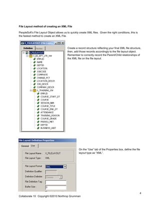 File Layout method of creating an XML File

PeopleSoft’s File Layout Object allows us to quickly create XML files. Given the right conditions, this is
the fastest method to create an XML File.



                                           Create a record structure reflecting your final XML file structure,
                                           then, add those records accordingly to the file layout object.
                                           Remember to correctly record the Parent/Child relationships of
                                           the XML file on the file layout.




                                                     On the “Use” tab of the Properties box, define the file
                                                     layout type as “XML”.




                                                                                                             4
Collaborate 10 Copyright ©2010 Northrop Grumman
 