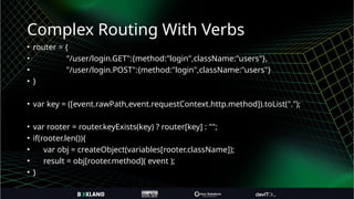 Complex Routing With Verbs
• router = {
• "/user/login.GET":{method:"login",className:"users"},
• "/user/login.POST":{method:"login",className:"users"}
• }
• var key = ([event.rawPath,event.requestContext.http.method]).toList(".");
• var rooter = router.keyExists(key) ? router[key] : "";
• if(rooter.len()){
• var obj = createObject(variables[rooter.className]);
• result = obj[rooter.method]( event );
• }
 