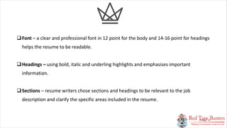 8
PA G E
qFont – a clear and professional font in 12 point for the body and 14-16 point for headings
helps the resume to b...