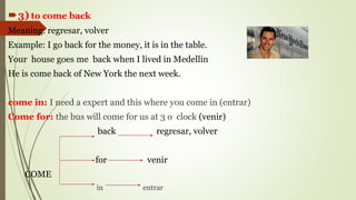 3) to come back
Meaning: regresar, volver
Example: I go back for the money, it is in the table.
Your house goes me back when I lived in Medellin
He is come back of New York the next week.
come in: I need a expert and this where you come in (entrar)
Come for: the bus will come for us at 3 o clock (venir)
back regresar, volver
for venir
COME
in entrar
 