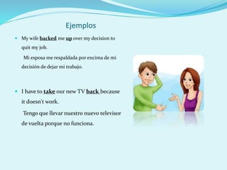 Ejemplos
 My wife backed me up over my decision to
quit my job.
Mi esposa me respaldada por encima de mi
decisión de dejar mi trabajo.
 I have to take our new TV back because
it doesn't work.
Tengo que llevar nuestro nuevo televisor
de vuelta porque no funciona.
 