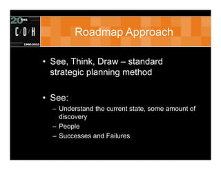 Roadmap Approach

• See, Think, Draw – standard
  strategic planning method

• See:
  – Understand the current state, some...