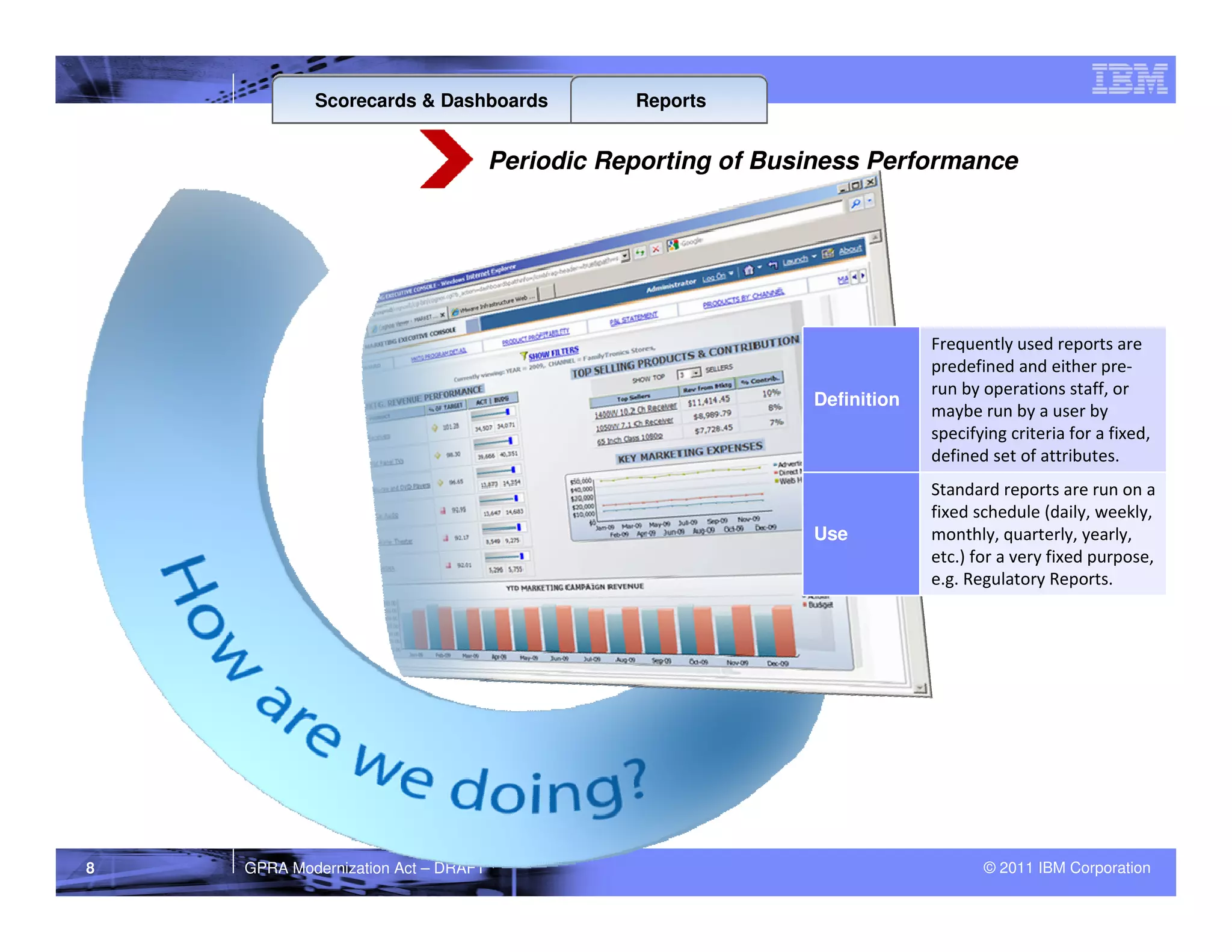 Scorecards & Dashboards             Reports


                                     Periodic Reporting of Business Performance




                                                                           Frequently used reports are
                                                                           predefined and either pre-
                                                                           run by operations staff, or
                                                              Definition
                                                                           maybe run by a user by
                                                                           specifying criteria for a fixed,
                                                                           defined set of attributes.
                                                                           Standard reports are run on a
                                                                           fixed schedule (daily, weekly,
                                                              Use          monthly, quarterly, yearly,
                                                                           etc.) for a very fixed purpose,
                                                                           e.g. Regulatory Reports.




8   GPRA Modernization Act – DRAFT                                                © 2011 IBM Corporation
 