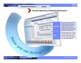Scorecards & Dashboards             Reports


                                     Periodic Reporting of Business Performance




                                                                           Frequently used reports are
                                                                           predefined and either pre-
                                                                           run by operations staff, or
                                                              Definition
                                                                           maybe run by a user by
                                                                           specifying criteria for a fixed,
                                                                           defined set of attributes.
                                                                           Standard reports are run on a
                                                                           fixed schedule (daily, weekly,
                                                              Use          monthly, quarterly, yearly,
                                                                           etc.) for a very fixed purpose,
                                                                           e.g. Regulatory Reports.




8   GPRA Modernization Act – DRAFT                                                © 2011 IBM Corporation
 