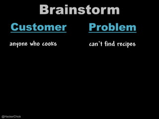 Brainstorm
     Customer          Problem
    anyone who cooks   can’t find recipes




@HackerChick
 