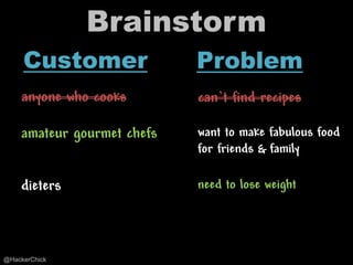 Brainstorm
     Customer               Problem
     anyone who cooks       can’t find recipes

    amateur gourmet chefs   want to make fabulous food
                            for friends & family

    dieters                 need to lose weight




@HackerChick
 