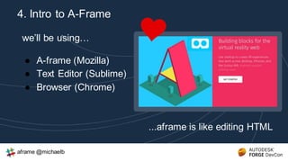 we’ll be using…
● A-frame (Mozilla)
● Text Editor (Sublime)
● Browser (Chrome)
4. Intro to A-Frame
...aframe is like editing HTML
aframe @michaelb
 
