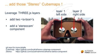... add those “Stereo” Cubemaps !
Leverage THREE.js layers
▪ add two <a-box>’s
▪ add a ‘stereocam’
component
git repo for more details
Cubemap: https://github.com/bryik/aframe-cubemap-component
Stereo: https://github.com/oscarmarinmiro/aframe-stereo-component
layer 2
right side
layer 1
left side
 