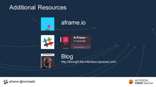 aframe.io
..
Blog
http://through-the-interface.typepad.com/
Additional Resources
aframe @michaelb
 