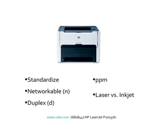 www.cdw.com   (680844) HP LaserJet P2015dn Standardize Networkable (n) Duplex (d) ppm Laser vs. Inkjet 