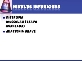 Niveles inferiores

 Distrofia
  muscular (etapa
  avanzada)
 Miastenia grave
 