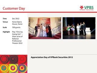 Customer Day
Appreciation Day of VPBank Securities 2012
Time	
  Dec	
 2012	
 
Venue	
  Hanoi	
 Opera	
 
House,	
 Hanoi	
 
Scale	
 
	
 
Highlight	
 
700	
 guests	
 
	
 
Play	
 “Chia	
 tay	
 
Hoàng	
 hôn”	
 –	
 
Silver	
 prize	
 of	
 
Na<onal	
 
Professional	
 
Theater	
 2012	
 
 