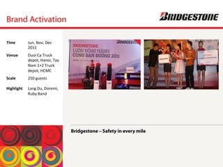 Brand Activation
Bridgestone – Safety in every mile
Time	
  Jun,	
 Nov,	
 Dec	
 
2011	
 
Venue	
  Duoi	
 Ca	
 Truck	
 
depot,	
 Hanoi,	
 Tay	
 
Nam	
 1+2	
 Truck	
 
depot,	
 HCMC	
 
Scale	
 
	
 
Highlight	
 
250	
 guests	
 
	
 
Lang	
 Du,	
 Doremi,	
 
Ruby	
 Band	
 
 