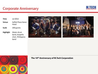 The 10th Anniversary of M.Tech Corporation
Corporate Anniversary
Time	
  Jul	
 2013	
 
Venue	
  Soﬁtel	
 Plaza	
 Hanoi	
 
Hotel	
 
Scale	
 
	
 
Highlight	
 
200	
 guests	
 
	
 
Water-­‐drum	
 
band,	
 Acapella	
 
choir,	
 Phillippino	
 
band	
 
 