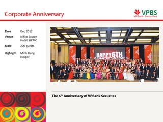 The 6th Anniversary of VPBank Securites
Corporate Anniversary
Time	
  Dec	
 2012	
 
Venue	
  Nikko	
 Saigon	
 
Hotel,	
 HCMC	
 
Scale	
 
	
 
Highlight	
 
200	
 guests	
 
	
 
Minh	
 Hang	
 
(singer)	
 
 