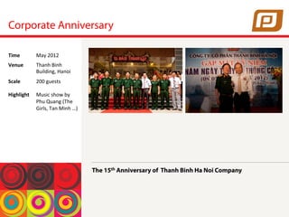 Corporate Anniversary
The 15th Anniversary of Thanh Binh Ha Noi Company
Time	
  May	
 2012	
 
Venue	
  Thanh	
 Binh	
 
Building,	
 Hanoi	
 
Scale	
 
	
 
Highlight	
 
200	
 guests	
 
	
 
Music	
 show	
 by	
 
Phu	
 Quang	
 (The	
 
Girls,	
 Tan	
 Minh	
 …)	
 
 