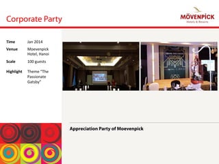Corporate Party
Appreciation Party of Moevenpick
Time	
  Jan	
 2014	
 
Venue	
  Moevenpick	
 
Hotel,	
 Hanoi	
 
Scale	
 
	
 
Highlight	
 
100	
 guests	
 
	
 
Theme	
 “The	
 
Passionate	
 
Gatsby”	
 
 