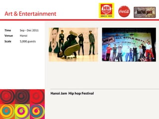 Art & Entertainment
Hanoi Jam Hip hop Festival
Time	
  Sep	
 -­‐	
 Dec	
 2011	
 
Venue	
  Hanoi	
 
Scale	
  5,000	
 guests	
 
	
 
 