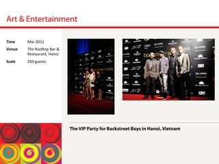 Art & Entertainment
The VIP Party for Backstreet Boys in Hanoi, Vietnam
Time	
  Mar	
 2011	
 
Venue	
  The	
 Rooiop	
 Bar	
 &	
 
Restaurant,	
 Hanoi	
 
Scale	
  250	
 guests	
 
 