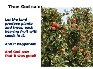 Then God said: And it happened! Let the land produce plants and trees, each bearing fruit with seeds in it. And God saw that it was good! 