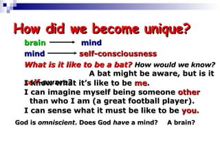How did we become unique? What is it like to be a bat?   How would we know?   A bat might be aware, but is it  self - aware? I know what it’s like to be  me .  I can sense what it must be like to be  you . I can imagine myself being someone  other   than who I am (a great football player). God is  omniscient . Does God  have  a mind?  A brain? brain mind mind self-consciousness 