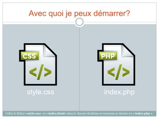 Avec quoi je peux démarrer?




               style.css                                                 index.php

Coller le fichier «style.css» et « index.html» dans le dossier de thème et renomme ce dernier en « index.php »
 