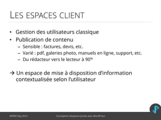LES ESPACES CLIENT
• Gestion des utilisateurs classique
• Publication de contenu
– Sensible : factures, devis, etc.
– Varié : pdf, galeries photo, manuels en ligne, support, etc.
– Du rédacteur vers le lecteur à 90%
 Un espace de mise à disposition d’information
contextualisée selon l’utilisateur
WPMX Day 2015 Conception d’espaces privés avec WordPress
 
