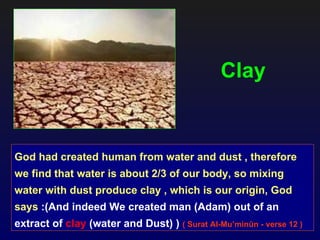 Clay


God had created human from water and dust , therefore
we find that water is about 2/3 of our body, so mixing
water with dust produce clay , which is our origin, God
says :(And indeed We created man (Adam) out of an
extract of clay (water and Dust) ) ( Surat Al-Mu’minûn - verse 12 )
 
