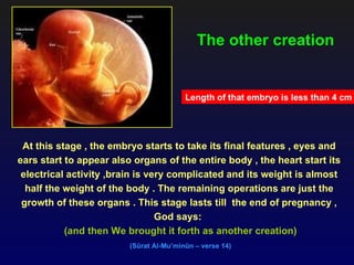 The other creation


                                         Length of that embryo is less than 4 cm




 At this stage , the embryo starts to take its final features , eyes and
ears start to appear also organs of the entire body , the heart start its
 electrical activity ,brain is very complicated and its weight is almost
  half the weight of the body . The remaining operations are just the
 growth of these organs . This stage lasts till the end of pregnancy ,
                                 God says:
           (and then We brought it forth as another creation)
                         (Sûrat Al-Mu’minûn – verse 14)
 