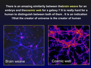 There is an amazing similarity between thebrain weave for an
embryo and thecosmic web for a galaxy !! It is really hard for a
human to distinguish between both of them . It is an indication
     !!that the creator of universe is the creator of human




Brain weave                         Cosmic web
 