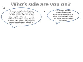 God arranged the whole universe to provide the conditions necessary for life to evolve.  Evolution is the science that studies how God created the species. If Darwin was right in thinking that species formed by a process of natural selection – survival of the fittest – how do you explain selfless acts by humans and animals when they protect the weak members of the species?  Why do people care for the disabled and mentally ill? G H 