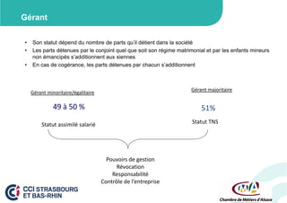 Gérant
•
•
•

Son statut dépend du nombre de parts qu’il détient dans la société
Les parts détenues par le conjoint quel que soit son régime matrimonial et par les enfants mineurs
non émancipés s’additionnent aux siennes
En cas de cogérance, les parts détenues par chacun s’additionnent

Gérant majoritaire

Gérant minoritaire/égalitaire

49 à 50 %

51%
Statut TNS

Statut assimilé salarié

Pouvoirs de gestion
Révocation
Responsabilité
Contrôle de l’entreprise

 