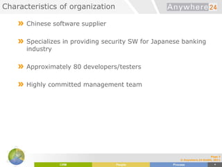Characteristics of organization
» Chinese software supplier
» Specializes in providing security SW for Japanese banking
industry
» Approximately 80 developers/testers
» Highly committed management team
Page 3
© Anywhere.24 GmbH, 2011
 