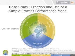 Case Study: Creation and Use of a
Simple Process Performance Model
Christian Hertneck
© 2011 by Anywhere.24 GmbH; this material is approved for public release.
SM CMM Integration, IDEAL, and SCAMPI are service marks of Carnegie Mellon University.
® Capability Maturity Model and CMMI are registered in the U.S. Patent and Trademark Office by Carnegie Mellon
University.
 