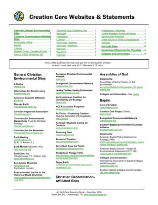 Creation Care Websites & Statements

General Christian Environmental                                  Church of God (Cleveland, TN)............ 2                   Presbyterian / Reformed ...............................3
Sites.............................................. 1            Episcopal .............................................. 2    Quaker (Religious Society of Friends) .............3
Christian Denomination-Affiliated                                Evangelical ........................................... 2     Seventh Day Adventist..................................3
Sites: ........................................... 1             Lutheran................................................ 2    United Church of Christ (Congregational) ........4
Assemblies of God ............................ 1                 Mennonite / Brethren ............................ 2           Vineyard ........................................................4
Baptist ............................................... 1        Methodist / Wesleyan ........................... 3            Interfaith Sites........................................ 4
Catholic ............................................. 2         Moravian ............................................... 3
                                                                                                                               Government Resources for Churches ... 4
Christian Church / Disciples of Christ..... 2                    Nazarene .............................................. 3
Church of God (Anderson, IN) .......... 2                        Orthodox ............................................... 3
                                                                                                                               Colleges and Universities ..................... 4


                                              “The LORD God took the man and put him in the Garden of Eden
                                                     to work it and take care of it.” (Genesis 2:15, NIV)



General Christian                                               European Christian Environmental                              Assemblies of God
                                                                Network
Environmental Sites                                             ecen.org                                                      Statements:
                                                                                                                              Assemblies of God’s Position on the
A Rocha                                                         Evangelical Environmental Network                             Environment
arocha.org                                                      creationcare.org                                              ag.org/top/Beliefs/contempissues_02_enviro
                                                                Healthy Families, Healthy Environment                         nment.cfm
Alternatives for Simple Living
simpleliving.org                                                healthyfamiliesnow.org
                                                                                                                              Colleges and Universities – See page 4
American Scientific Affiliation                                 North American Coalition for
asa3.org                                                        Christianity and Ecology                                      Baptist
                                                                nacce.org
Blessed Earth                                                                                                                 Care of Creation
www.blessed-earth.org                                           NCC Eco-Justice Programs                                      careofcreation.net
                                                                nccecojustice.org
Christian Vegetarian Association                                                                                              Creation Care Project (Texas)
christianveg.com                                                Re:Vision – Protecting Creation                               bgct.org/clc
                                                                (National Association of Evangelicals)
Christians for Environmental                                    revision.org                                                  Evangelical Environmental Network
Stewardship (Fund for Christian                                                                                               creationcare.org
Ecology)                                                        Renewal: Students Caring for
                                                                Creation                                                      Southern Baptist Environment & Climate
christianecology.org
                                                                renewingcreation.org                                          Initiative
Christians for the Mountains                                                                                                  baptistcreationcare.org
christiansforthemountains.org                                   Restoring Eden
                                                                restoringeden.org                                             Statements:
Earth Healing                                                                                                                 American Baptist Policy Statement on
earthhealing.info                                               Season of Creation                                            Ecology (1989)
By Fr. Al Fritsch, S.J.                                         seasonofcreation.com                                          acton.org/ppolicy/environment/ppolicy_enviro
                                                                                                                              nment_theology_baptist.php
Earth Ministry (Seattle, WA)                                    Serve God, Save the Planet
earthministry.org                                               servegodsavetheplanet.org                                     American Baptist Church – History of
                                                                                                                              Environmental Statements (1977-1991)
EarthCare, Inc.                                                 Shakertown Pledge (1973)                                      nccecojustice.org/antholabc.htm
(Chattanooga, TN / Dalton, GA)                                  webofcreation.org/DenominationalState
earthcareonline.org                                             ments/shakertown.htm                                          Colleges and Universities:
                                                                                                                              International Association of Baptist Colleges
Eco-Justice Ministries                                          Target Earth                                                  and Universities
eco-justice.org                                                 (Christian Environmental Association)                         baptistschools.org
Curriculum reviews                                              targetearth.org
                                                                                                                              Southern Baptist Colleges and Universities
Environmental Justice in the                                                                                                  sbc.net/colleges.asp
Historical Black Churches
nccecojustice.org/envjusticeblackch                             Christian Denomination-
urch.html
                                                                Affiliated Sites


                                                                 An EarthCare Resource Guide – November 2008
                                                            EarthCare, Inc., Chattanooga, TN www.earthcareonline.org
 